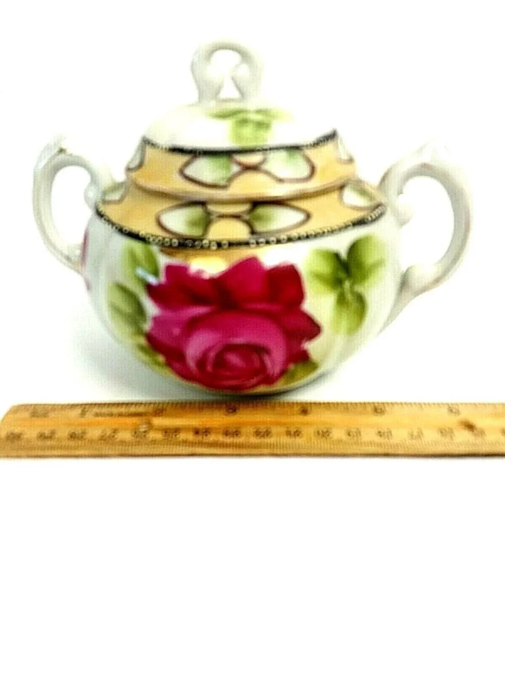 Japan Moriage Sugar Bowl lid Porcelain Double Handle Floral READ Flaw